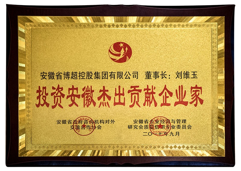 安徽省博超控股集团董事长刘维玉先生荣获“投资安徽杰出贡献企业家”称号